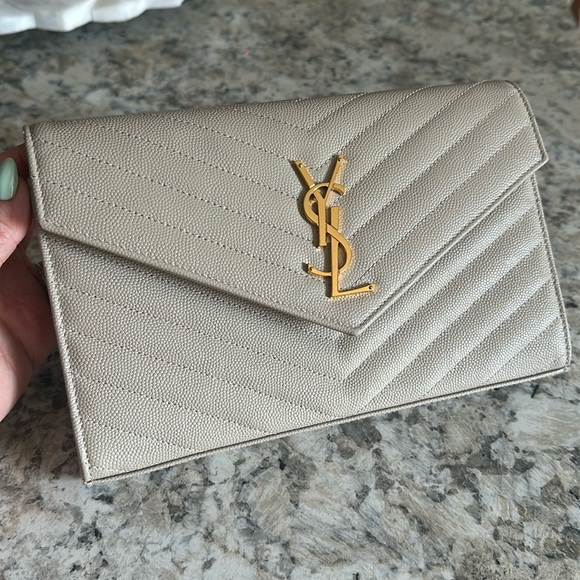 YSL Monogram Large Chain Wallet Classis Cassandre in Grain De Poudre Dark Beige - Picture 1 of 12